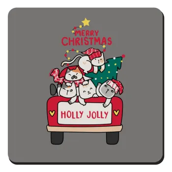 Merry Christmas cats in car, Τετράγωνο μαγνητάκι ξύλινο 9x9cm