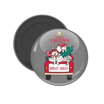 Merry Christmas cats in car, Μαγνητάκι ψυγείου στρογγυλό διάστασης 5cm