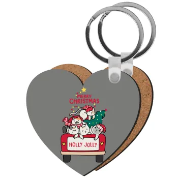 Merry Christmas cats in car, Μπρελόκ Ξύλινο καρδιά MDF
