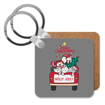 Merry Christmas cats in car, Μπρελόκ Ξύλινο τετράγωνο MDF