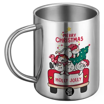 Merry Christmas cats in car, Ανοξείδωτη Μεταλλική Κούπα 450ml - Διπλού Τοιχώματος