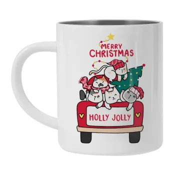 Merry Christmas cats in car, Mug Stainless steel double wall 300ml