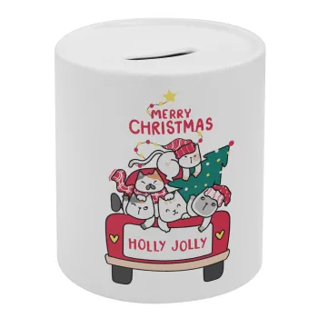 Merry Christmas cats in car, Κουμπαράς πορσελάνης με τάπα