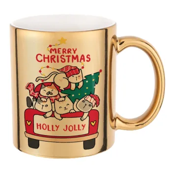 Merry Christmas cats in car, Κούπα κεραμική, χρυσή καθρέπτης, 330ml