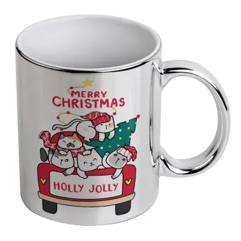 Merry Christmas cats in car, Mug ceramic, silver mirror, 330ml
