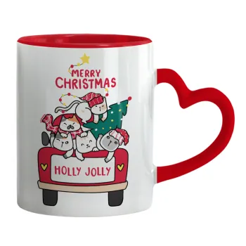 Merry Christmas cats in car, Mug heart red handle, ceramic, 330ml