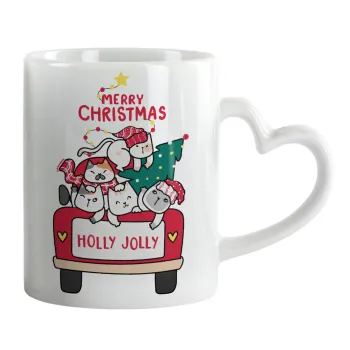 Merry Christmas cats in car, Κούπα καρδιά χερούλι λευκή, κεραμική, 330ml