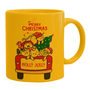 Merry Christmas cats in car, Ceramic coffee mug yellow, 330ml