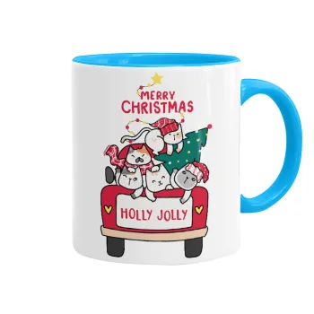 Merry Christmas cats in car, Mug colored light blue, ceramic, 330ml