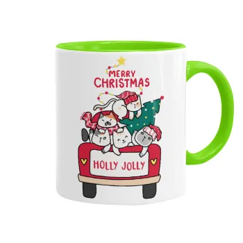 Merry Christmas cats in car, Mug colored light green, ceramic, 330ml