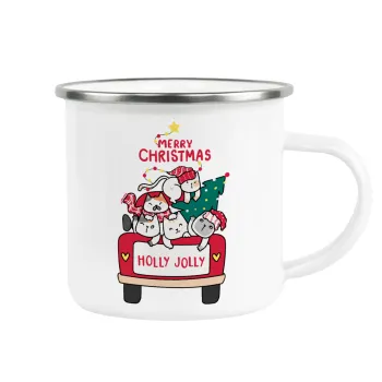 Merry Christmas cats in car, Metallic enamel cup white 360ml