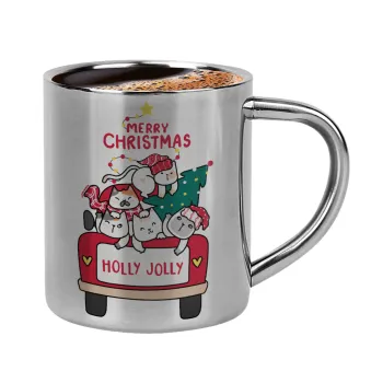 Merry Christmas cats in car, Double-wall metal cup for espresso (220ml)