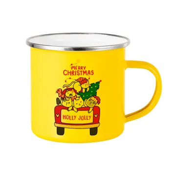 Merry Christmas cats in car, Yellow Enamel Metallic Cup 360ml