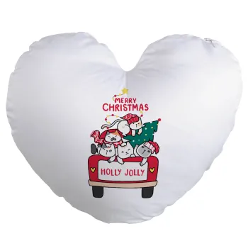 Merry Christmas cats in car, Μαξιλάρι καναπέ καρδιά 40x40cm περιέχεται το  γέμισμα