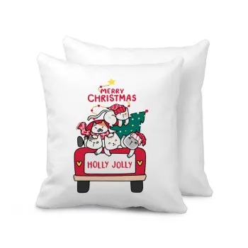 Merry Christmas cats in car, Μαξιλάρι καναπέ 40x40cm περιέχεται το  γέμισμα