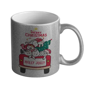 Merry Christmas cats in car, Κούπα Ασημένια Glitter που γυαλίζει, κεραμική, 330ml