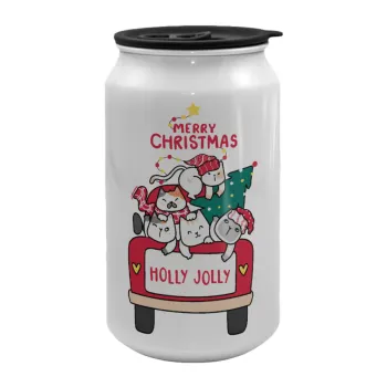 Merry Christmas cats in car, Κούπα ταξιδιού μεταλλική με καπάκι (tin-can) 500ml