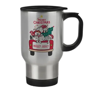 Merry Christmas cats in car, Stainless steel travel mug with lid, double wall 450ml