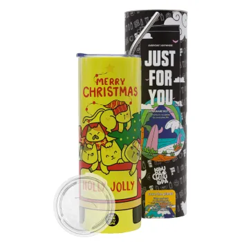 Merry Christmas cats in car, Neon Yellow Travel Tumbler θερμό, μεταλλικό καλαμάκι(Ανωξείδωτο 304 Food grade, BPA free, 600ml)