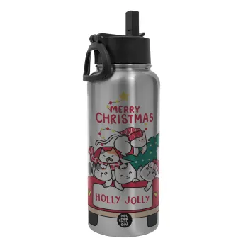 Merry Christmas cats in car, Metal mug thermo Silver with Straw and Spout Lid (Stainless steel), double wall, 950ml