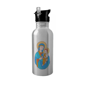 Mary, mother of Jesus, Water bottle Silver with straw, stainless steel 600ml
