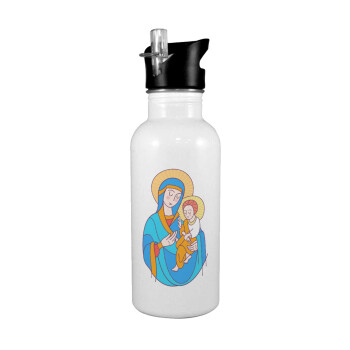 Mary, mother of Jesus, Παγούρι νερού Λευκό με καλαμάκι, ανοξείδωτο ατσάλι 600ml