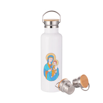 Mary, mother of Jesus, Stainless steel White with wooden lid (bamboo), double wall, 750ml