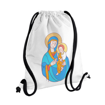 Mary, mother of Jesus, Τσάντα πλάτης πουγκί GYMBAG λευκή, με τσέπη (40x48cm) & χονδρά κορδόνια