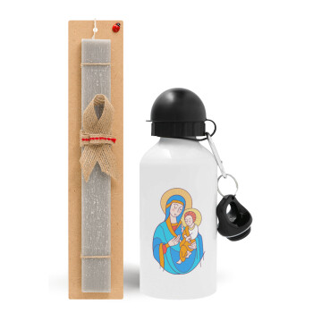 Mary, mother of Jesus, Πασχαλινό Σετ, παγούρι μεταλλικό  αλουμινίου (500ml) & πασχαλινή λαμπάδα αρωματική πλακέ (30cm) (ΓΚΡΙ)