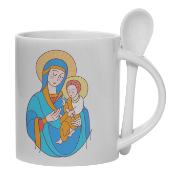 Mary, mother of Jesus, Ceramic coffee mug with Spoon, 330ml (1pcs)