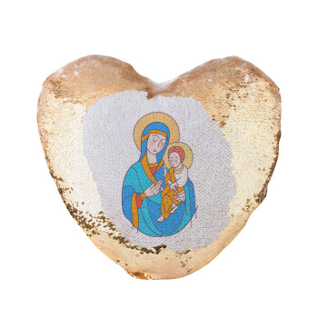 Mary, mother of Jesus, Μαξιλάρι καναπέ καρδιά Μαγικό Χρυσό με πούλιες 40x40cm περιέχεται το  γέμισμα