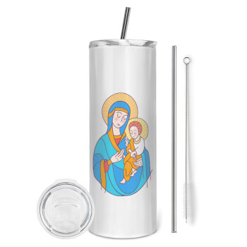 Mary, mother of Jesus, Eco friendly stainless steel tumbler 600ml, with metal straw & cleaning brush
