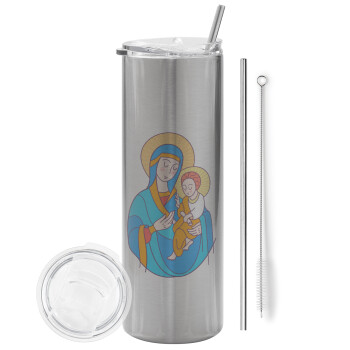 Mary, mother of Jesus, Eco friendly ποτήρι θερμό Ασημένιο (tumbler) από ανοξείδωτο ατσάλι 600ml, με μεταλλικό καλαμάκι & βούρτσα καθαρισμού
