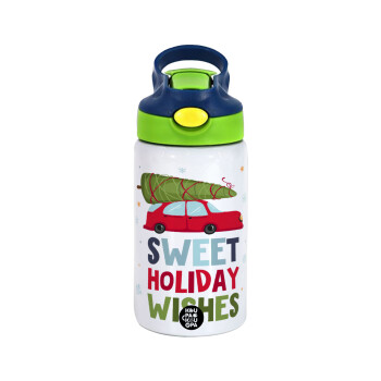 Sweet holiday wishes, Παιδικό παγούρι θερμό, ανοξείδωτο, με καλαμάκι ασφαλείας, πράσινο/μπλε (350ml)