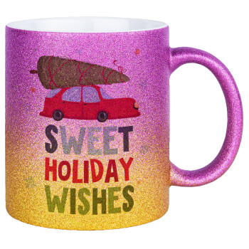 Sweet holiday wishes, Κούπα Χρυσή/Ροζ Glitter, κεραμική, 330ml