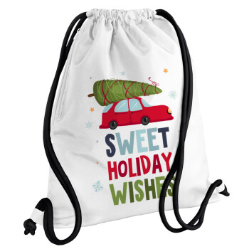 Sweet holiday wishes, Τσάντα πλάτης πουγκί GYMBAG λευκή, με τσέπη (40x48cm) & χονδρά κορδόνια