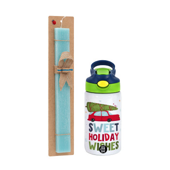 Sweet holiday wishes, Πασχαλινό Σετ, Παιδικό παγούρι θερμό, ανοξείδωτο, με καλαμάκι ασφαλείας, πράσινο/μπλε (350ml) & πασχαλινή λαμπάδα αρωματική πλακέ (30cm) (ΤΙΡΚΟΥΑΖ)