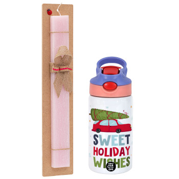 Sweet holiday wishes, Πασχαλινό Σετ, Παιδικό παγούρι θερμό, ανοξείδωτο, με καλαμάκι ασφαλείας, ροζ/μωβ (350ml) & πασχαλινή λαμπάδα αρωματική πλακέ (30cm) (ΡΟΖ)