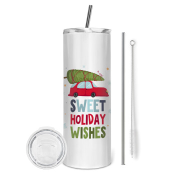 Sweet holiday wishes, Eco friendly ποτήρι θερμό (tumbler) από ανοξείδωτο ατσάλι 600ml, με μεταλλικό καλαμάκι & βούρτσα καθαρισμού