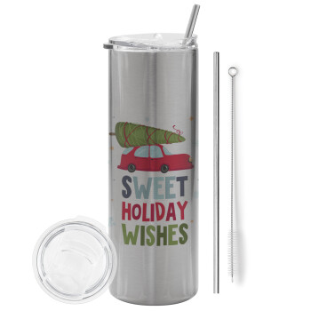 Sweet holiday wishes, Eco friendly ποτήρι θερμό Ασημένιο (tumbler) από ανοξείδωτο ατσάλι 600ml, με μεταλλικό καλαμάκι & βούρτσα καθαρισμού