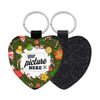 PHOTO Christmas twitch, Μπρελόκ PU δερμάτινο glitter καρδιά ΜΑΥΡΟ