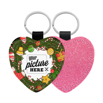 PHOTO Christmas twitch, Μπρελόκ PU δερμάτινο glitter καρδιά ΡΟΖ