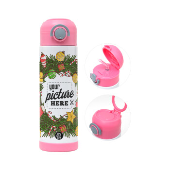 PHOTO Christmas twitch, Παιδικό παγούρι θερμό, ανοξείδωτο, με καλαμάκι ασφαλείας, ΡΟΖ (500ml)