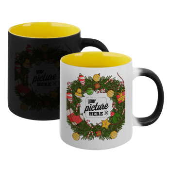 PHOTO Christmas twitch, Κούπα Μαγική εσωτερικό κίτρινη, κεραμική 330ml που αλλάζει χρώμα με το ζεστό ρόφημα