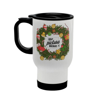 PHOTO Christmas twitch, Κούπα ταξιδιού ανοξείδωτη με καπάκι, διπλού τοιχώματος (θερμό) λευκή 450ml