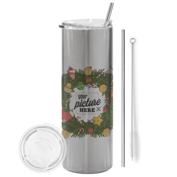 PHOTO Christmas twitch, Eco friendly stainless steel Silver tumbler 600ml, with metal straw & cleaning brush