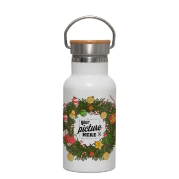 PHOTO Christmas twitch, Metallic thermos (Stainless steel) White with wooden lid (bamboo), double-walled, 350ml