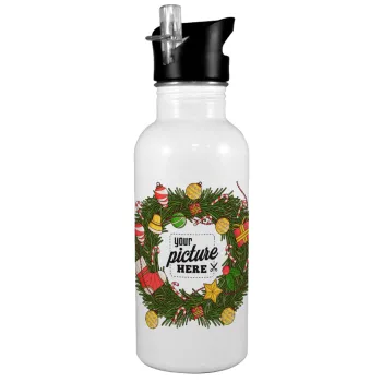 PHOTO Christmas twitch, Παγούρι νερού Λευκό με καλαμάκι, ανοξείδωτο ατσάλι 600ml