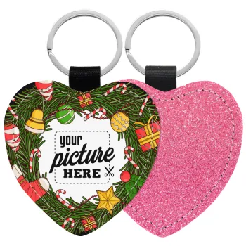 PHOTO Christmas twitch, Μπρελόκ PU δερμάτινο glitter καρδιά ΡΟΖ