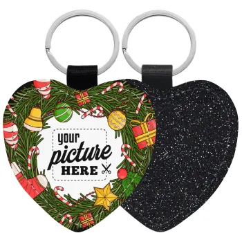 PHOTO Christmas twitch, Μπρελόκ PU δερμάτινο glitter καρδιά ΜΑΥΡΟ